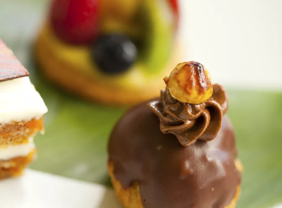 Chocolate-covered dessert topped with a swirl of chocolate frosting and a caramelized hazelnut, served on a green leaf.